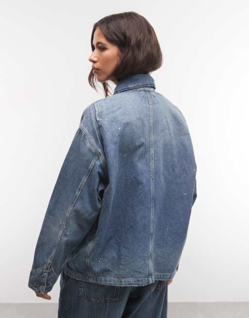 Carhartt WIP OG Michigan jacket with paint splatter effect in mid wash blue, 4 of 4