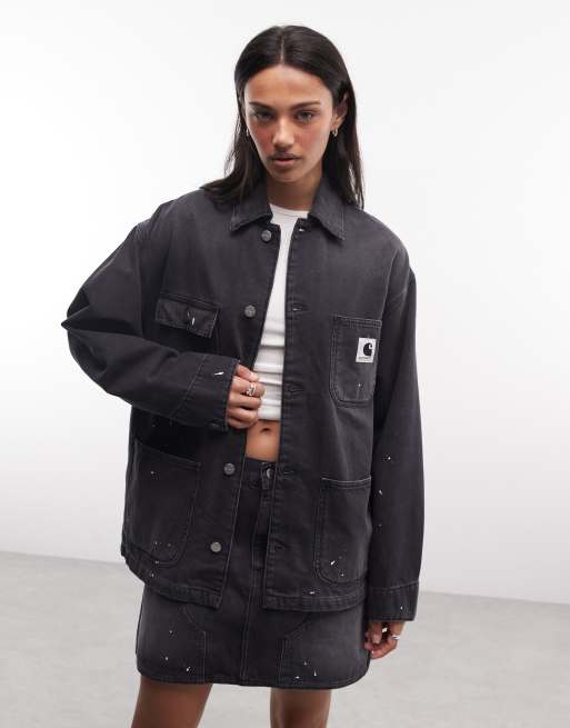 Carhartt WIP – Set in schwarzer Waschung mit Farbspritzern, bestehend aus OG Michigan Jeansjacke und Maeve Minirock mit doppellagiger Kniepartie, 2 von 3