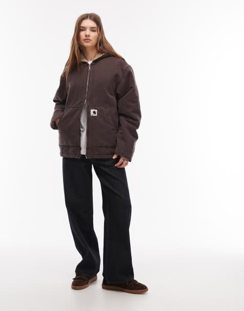 Carhartt WIP OG mitch hooded jacket in dark brown with shearling lining