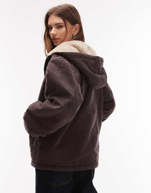 Carhartt WIP OG mitch hooded jacket in dark brown with shearling lining, 3 of 4