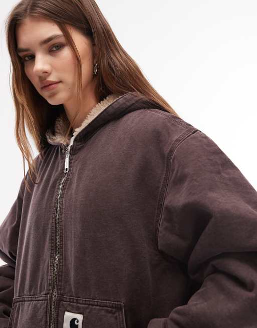 Carhartt WIP OG mitch hooded jacket in dark brown with shearling lining, 4 of 4