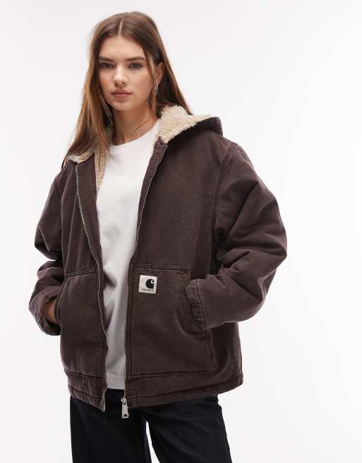 Carhartt WIP - OG Mitch - Mørkebrun jakke med hætte og for i imiteret lammeskind, 2 af 4