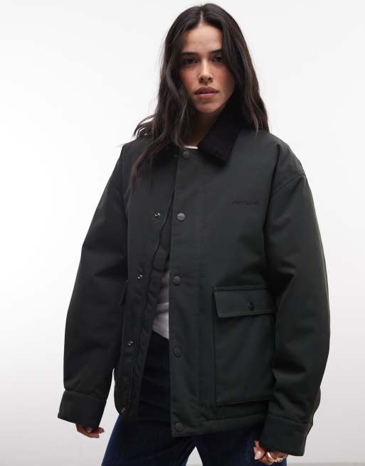 Carhartt WIP Quentin jacket with contrast collar in raven green, 3 of 4