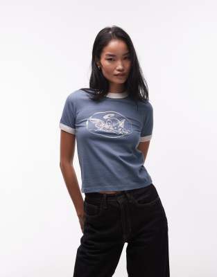 Reminiscing - T-shirt à bords contrastants - Bleu et blanc L