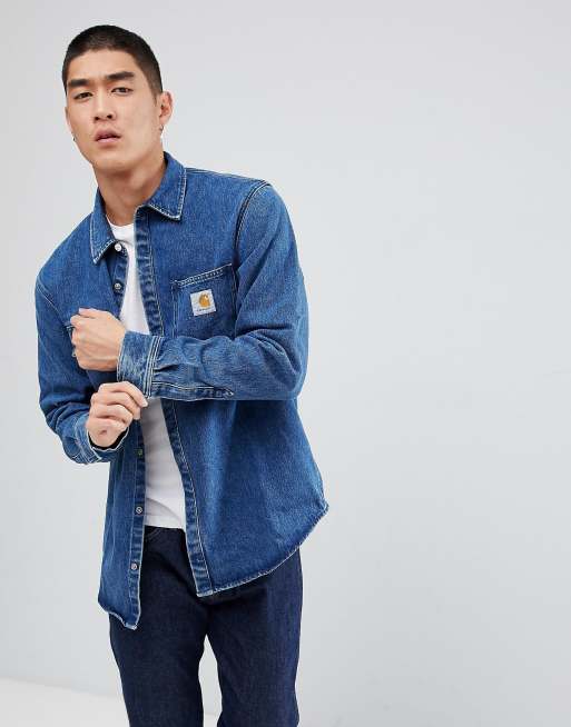 RELAXED FIT DENIM FLEECE LINED SNAP-FRONT SHIRT