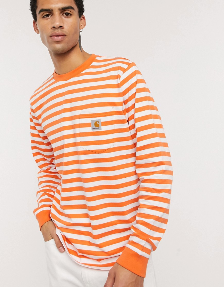 Carhartt WIP - Scotty - T-shirt a maniche lunghe arancione rigato con tasca