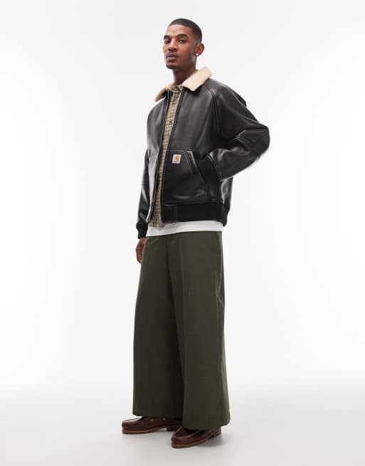 Carhartt WIP shepton faux leather jacket in black with borg lining