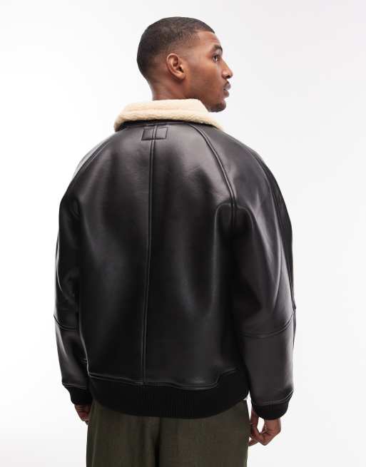 Carhartt WIP shepton faux leather jacket in black with borg lining