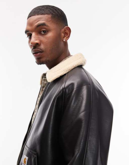 Carhartt WIP shepton faux leather jacket in black with borg lining