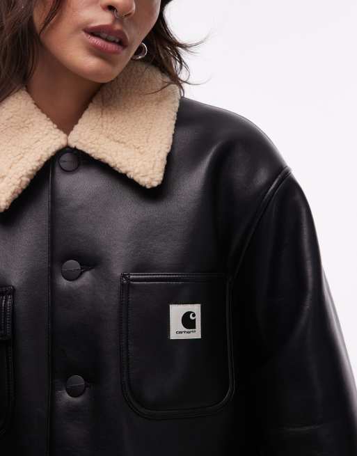 Carhartt WIP shepton OG Michigan faux leather jacket in black, 3 of 4