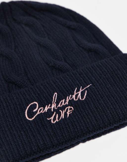 Carhartt WIP signature cable knitted beanie in dark navy, 3 of 3