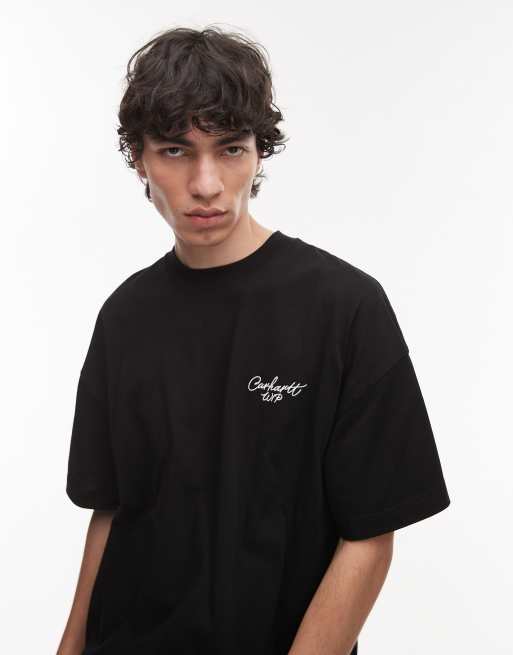 Carhartt WIP - Signature Script - Camiseta negra de corte cuadrado extragrande, 4 de 4