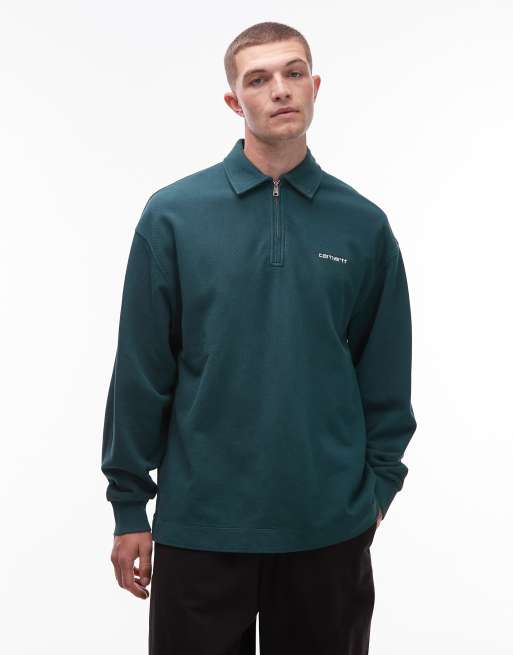 Carhartt WIP - Smaragdgrøn sweatshirt med halv lynlås og logo i piqué