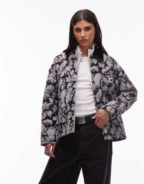 Carhartt WIP - Sort og hvid chore-frakke med camouflage- og tapetprint i jacquard - view 1