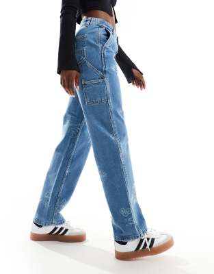 Carhartt WIP Carhartt WIP stamp print relaxed straight fit jeans in bleach wash-Blue