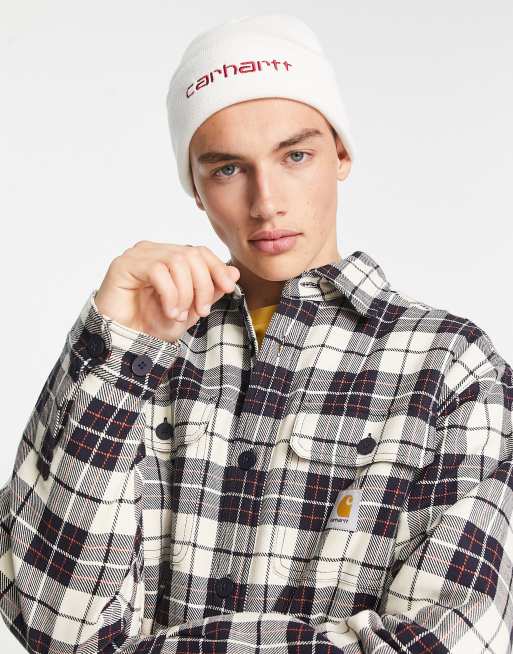 Carhartt WIP – Strickmütze in gebrochenem Weiß mit Schriftzug