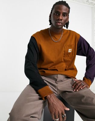 Homme Carhartt WIP - T-shirt à manches longues avec trois poches - Marron multicolore