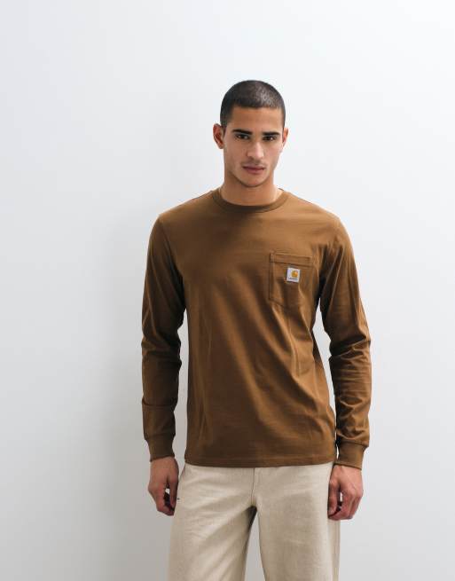 Carhartt WIP - T-shirt a maniche lunghe marrone hamilton con tasca, 5 di 5