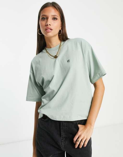 Carhartt WIP - T-shirt i salviegrøn vask med firkantet pasform og minilogo