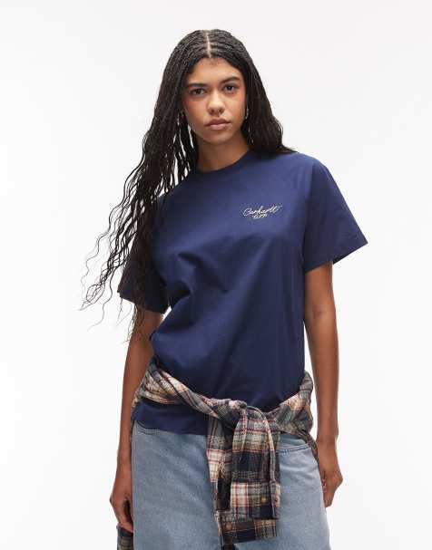 Carhartt WIP – T-Shirt in Blau mit Signatur-Schriftzug - view 1