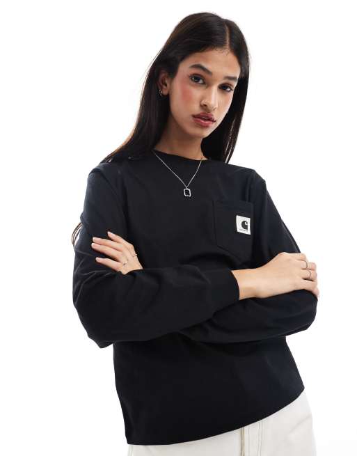 Carhartt WIP - T-shirt met lange mouwen en zakje in zwart