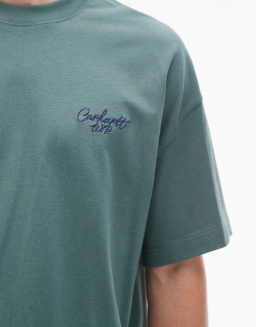 Carhartt WIP - T-shirt squadrata oversize verde slavato con logo, 5 di 5