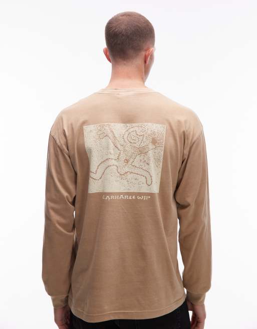 Carhartt WIP – Terrestrial – Beżowy T-shirt o luźnym kroju z długimi rękawami i nadrukiem