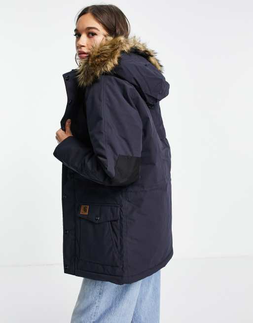 Carhartt WIP trapper fur hooded parka in dark navy