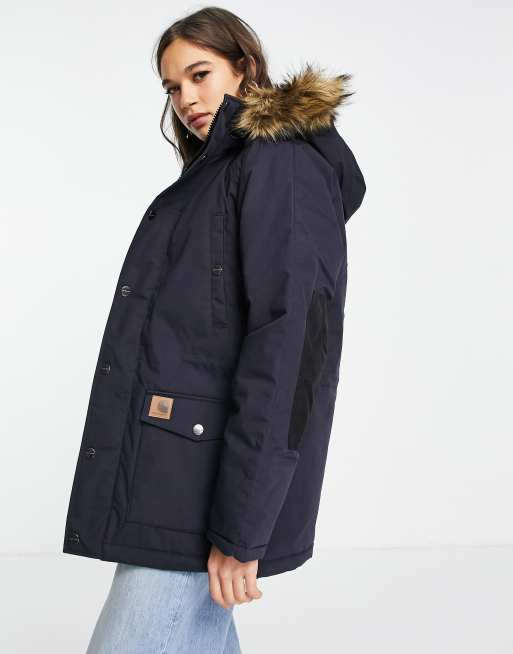 Carhartt WIP trapper fur hooded parka in dark navy