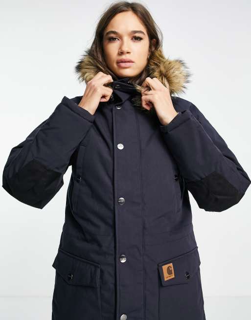 Carhartt WIP trapper fur hooded parka in dark navy