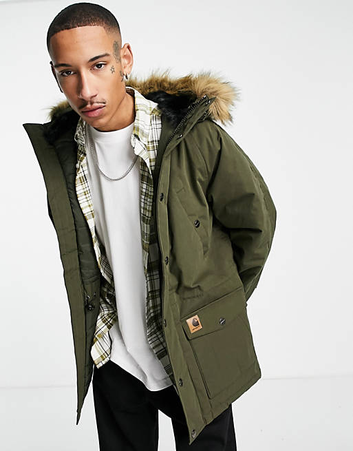 Carhartt WIP trapper parka jacket with pile lined hood in green | ASOS