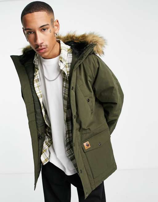 Carhartt WIP trapper parka jacket with pile lined hood in green