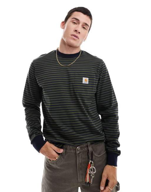 Carhartt WIP - Verner - Gestreept T-shirt met lange mouwen en zak in marineblauw