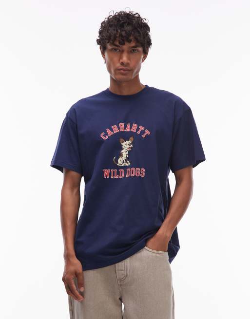 Carhartt WIP – Wild Dog – Granatowy T-shirt o luźnym kroju z nadrukiem z psem
