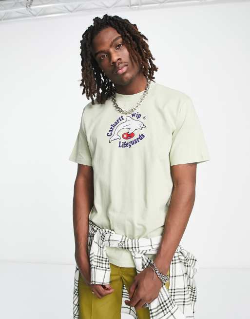 Carhartt WIP – Zielony T-shirt z nadrukiem i napisem „Lifeguards”