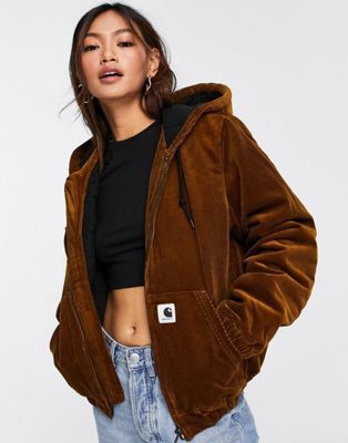 Carhartt WIP zip front puffer hoodie jacket in mini cord