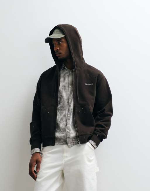 Carhartt WIP zip through hoodie with paint splatter effect in dark brown, 3 of 5