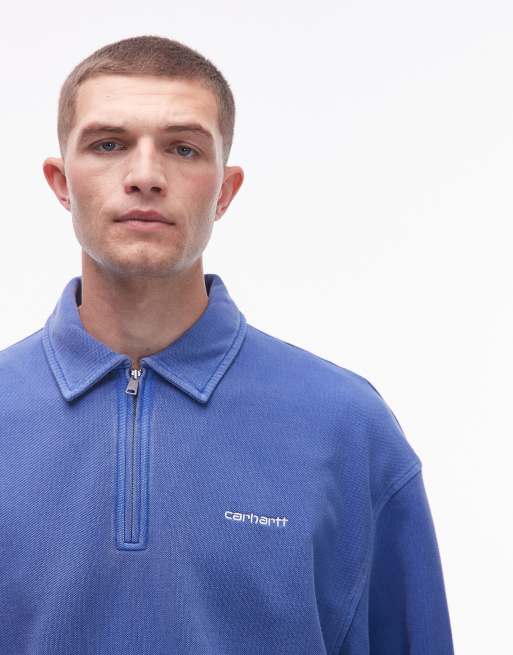 Carhartt WUP - Kraftig blå sweatshirt i piqué med halv lynlås, 5 af 5