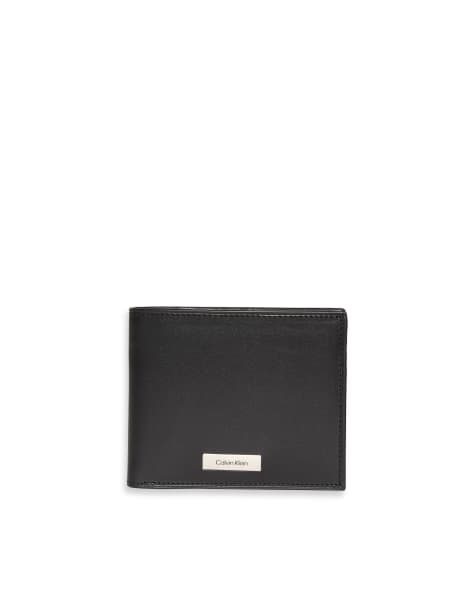 Cartera negra plegable de cuero con placa plateada del logo de Calvin Klein - view 1