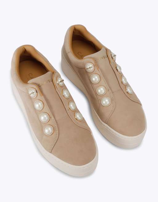 Carvela Connected laceless pearl trainers in beige, 2 of 4
