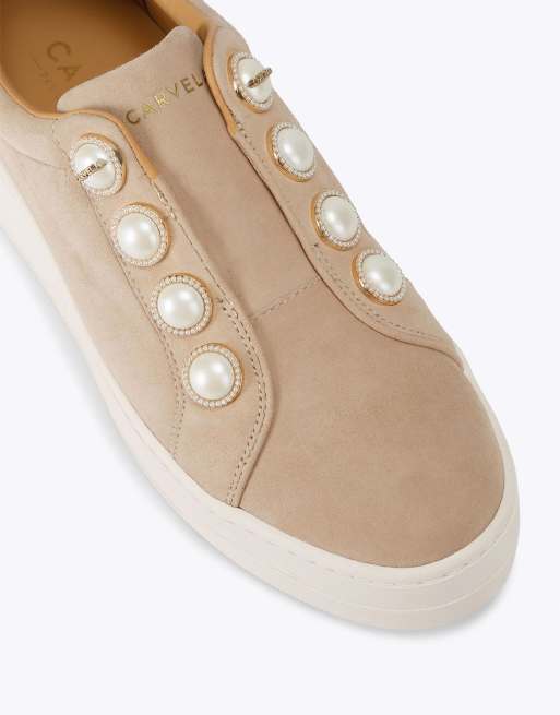 Carvela Connected laceless pearl trainers in beige, 4 of 4