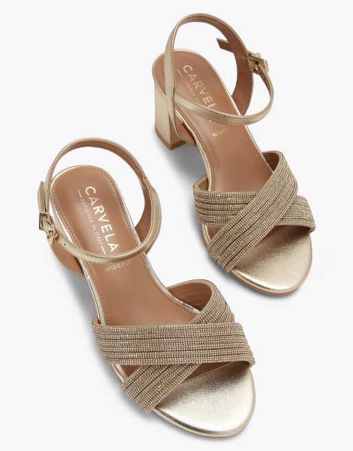 Carvela Divine block wf heeled sandals in gold, 2 of 4