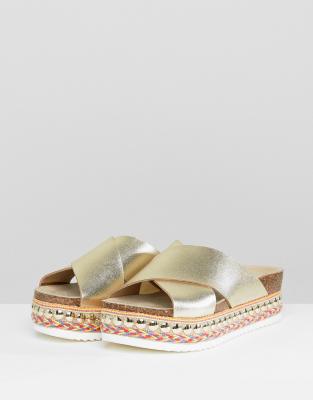 gold flatform sliders