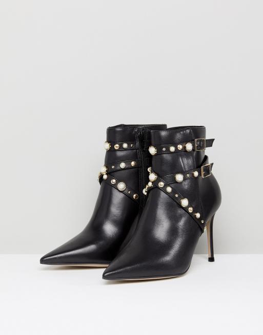 Carvela Granite Pearl Buckle Leather Heeled Ankle Boots Black