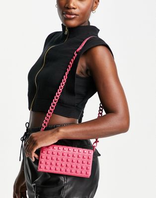 Carvela pixie studded chain strap wallet bag in bright pink