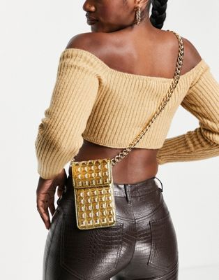 Carvela pixie studded phone bag in gold