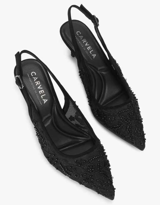 Carvela Positano lace sling low heeled sandals in black, 2 of 4