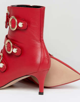 red leather kitten heel boots