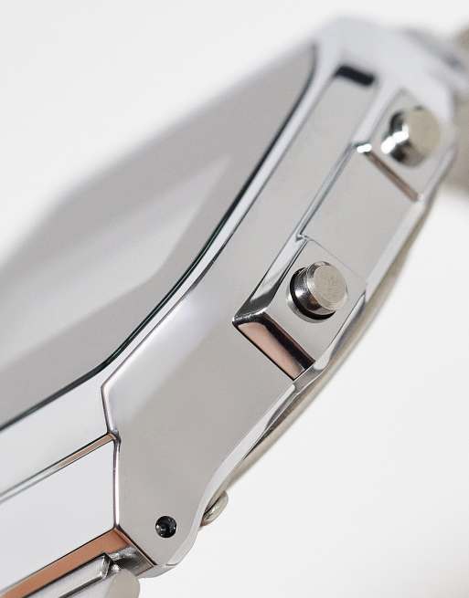 Casio A168W digital bracelet watch in silver/black mirror, 4 of 4