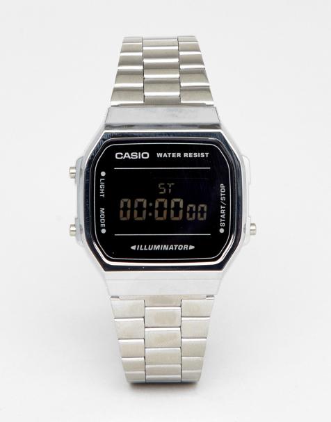 Casio A168W digital bracelet watch in silver/black mirror - view 1